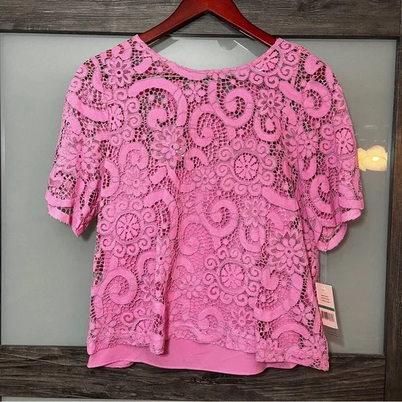 Nannette Lepore NWT Women's Lace Top w/ Tank Scalloped Short Sleeves Size L - Picture 1 of 8